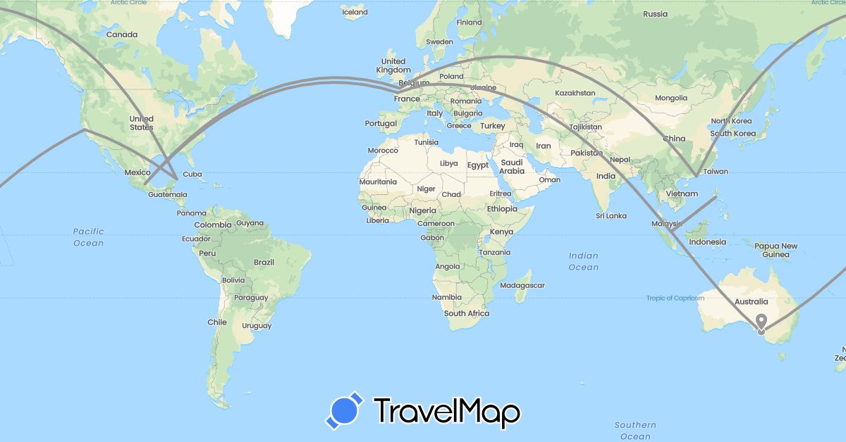 TravelMap itinerary: driving, plane in Australia, China, Germany, France, Mexico, Philippines, Singapore, United States (Asia, Europe, North America, Oceania)